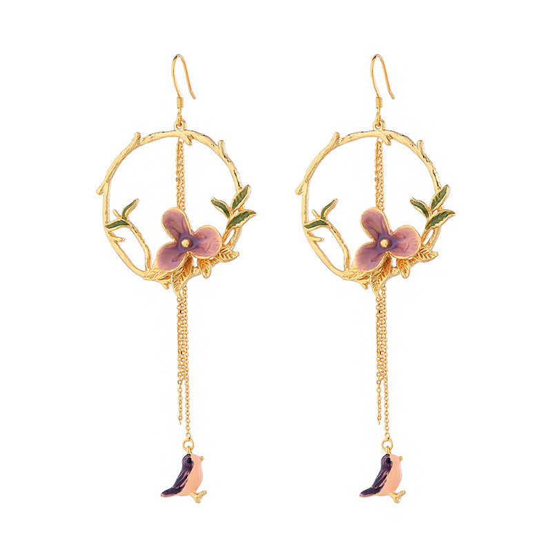 FLOWER ENAMEL BIRDS EARRINGS