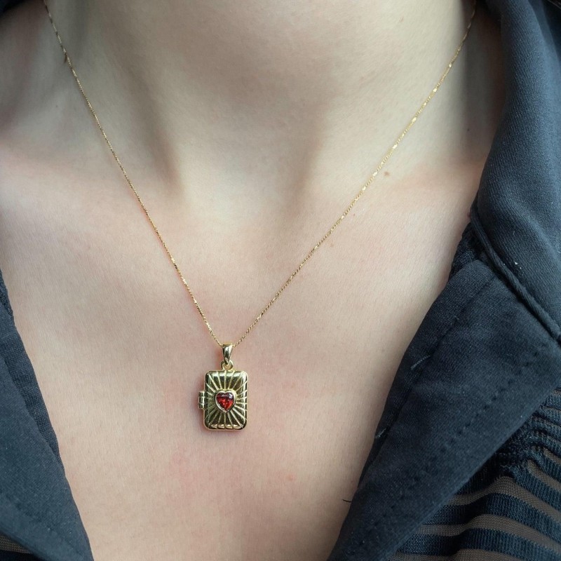 brass square heart photo box necklace