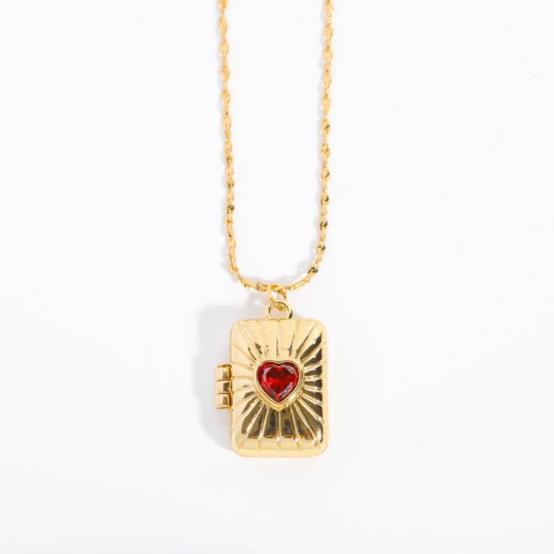 brass square heart photo box necklace