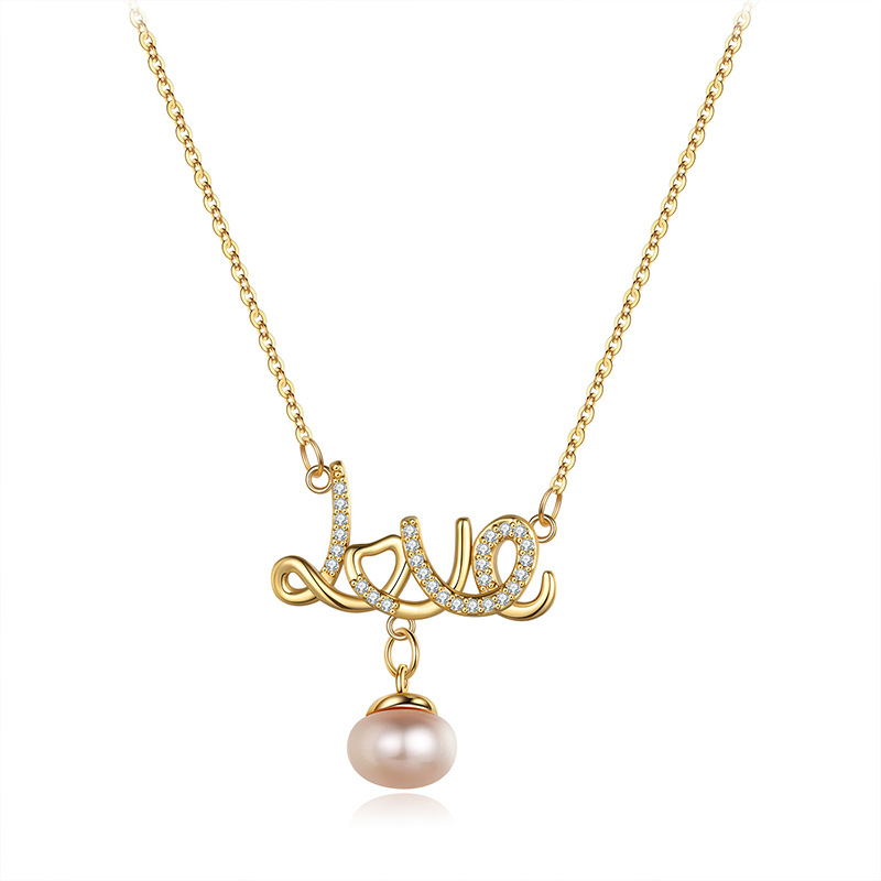 LOVE PENDANT PEARL BRASS NECKLACE