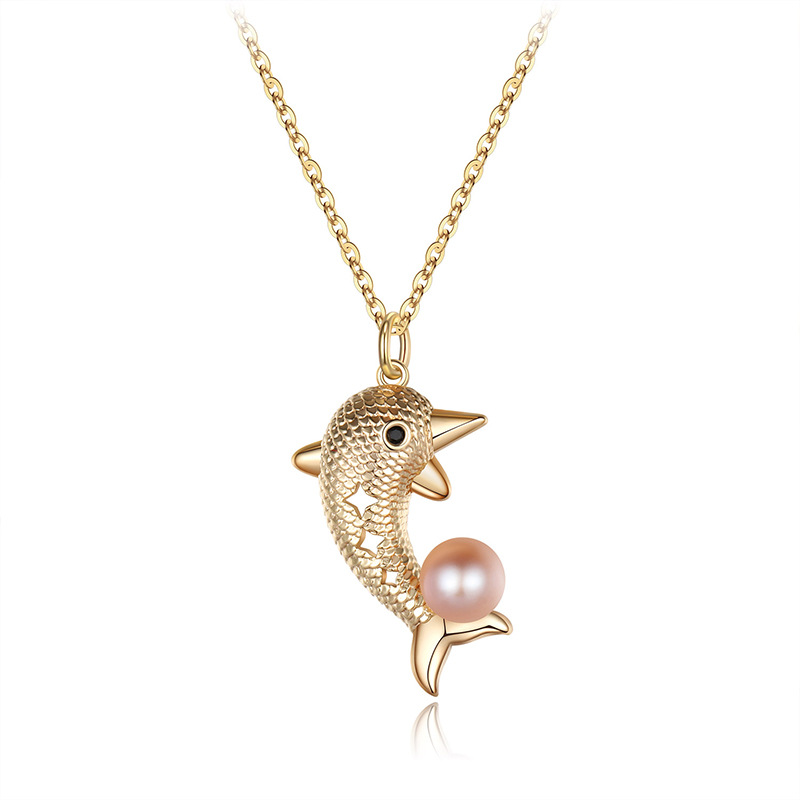 BRASS NECKLACE dolphin PEARL PENDANT