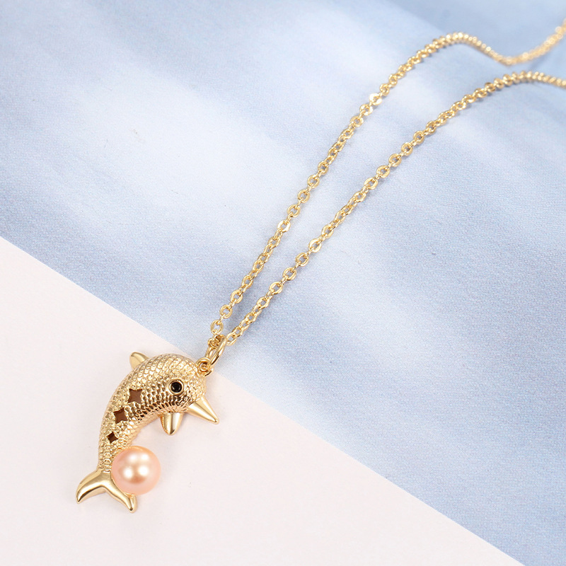 BRASS NECKLACE dolphin PEARL PENDANT