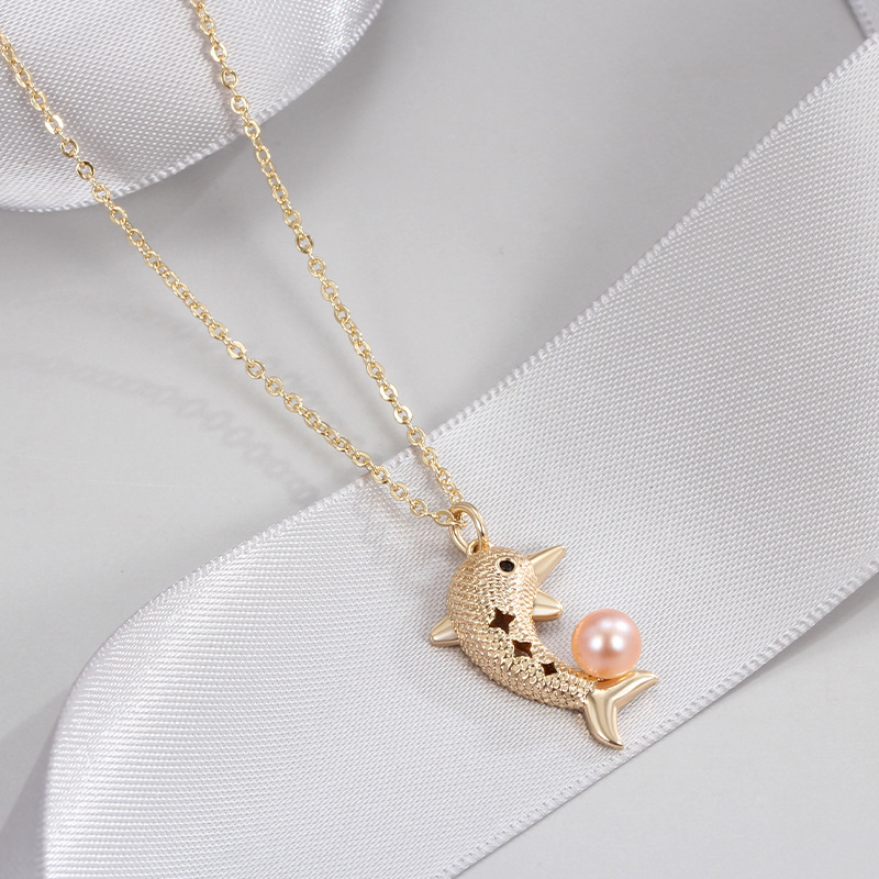 BRASS NECKLACE dolphin PEARL PENDANT