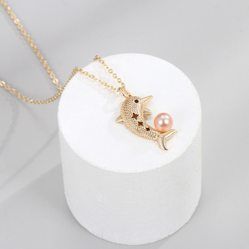 BRASS NECKLACE dolphin PEARL PENDANT