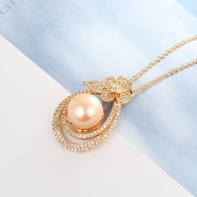 flower pendant brass pearl necklace
