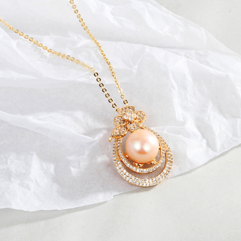 flower pendant brass pearl necklace