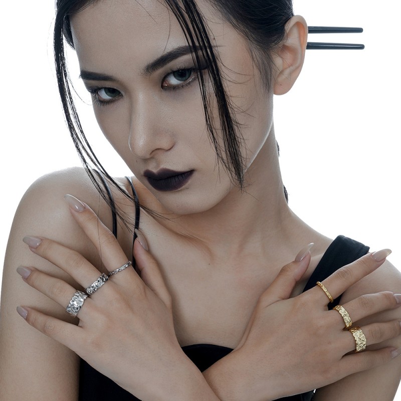 925 silver tin foil texture opening ring