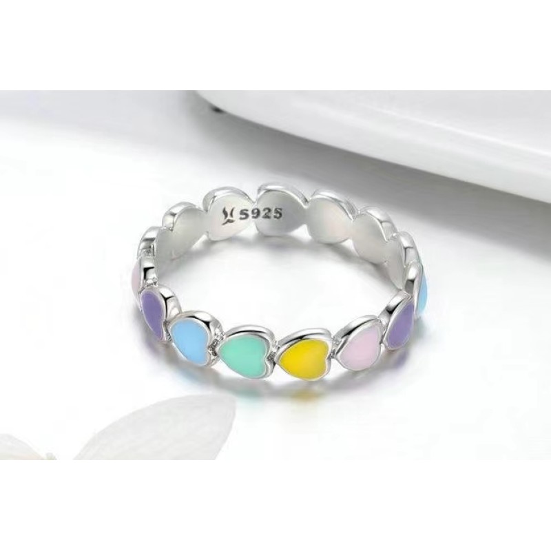 925 silver heart rainbow enamel ring