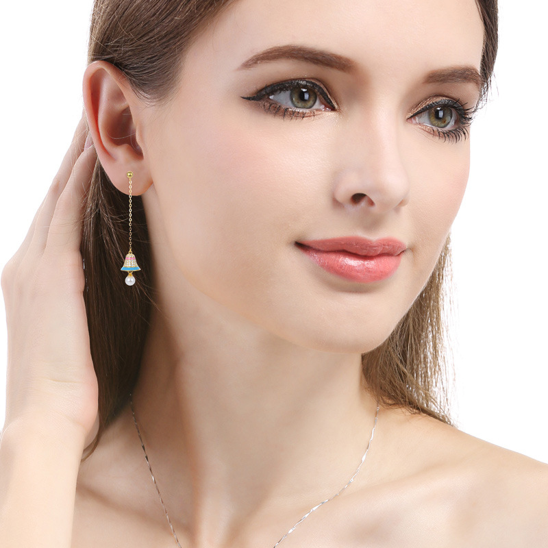 925 silver small bell pearl enamel drop earrings 