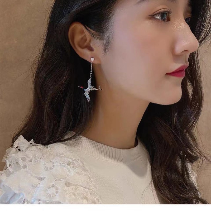 925 silver red-crowned crane enamel drop earrings stud