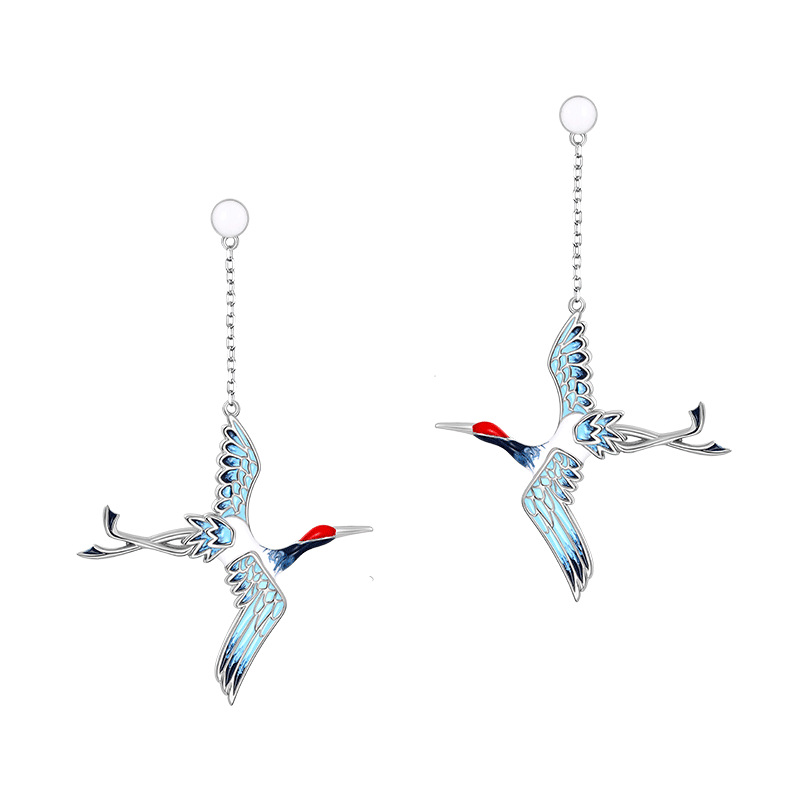 925 silver red-crowned crane enamel drop earrings stud