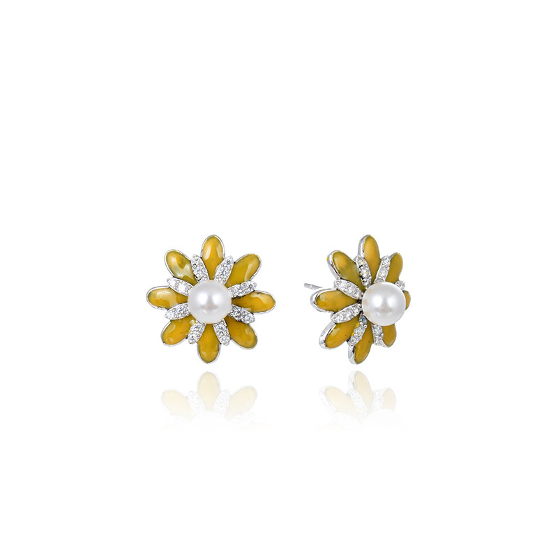 925 silver flower pearl enamel earrings stud