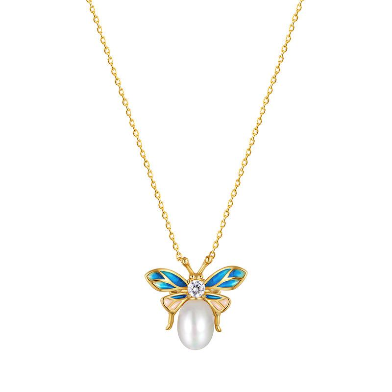 925 silver bee pearl enamel necklace