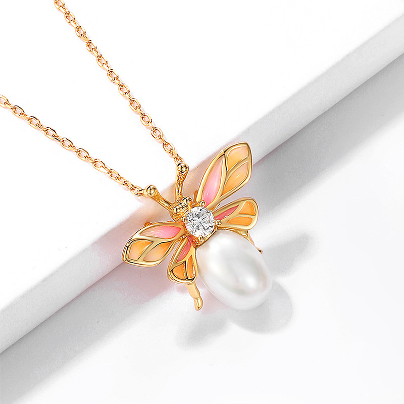 925 silver bee pearl enamel necklace