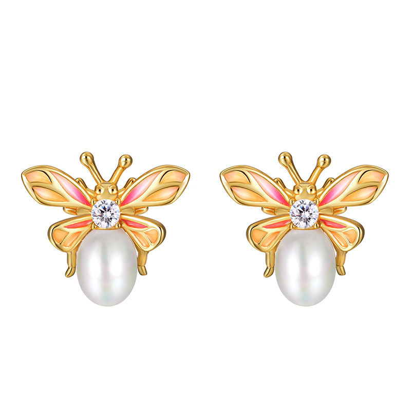 925 silver bee pearl enamel earrings 