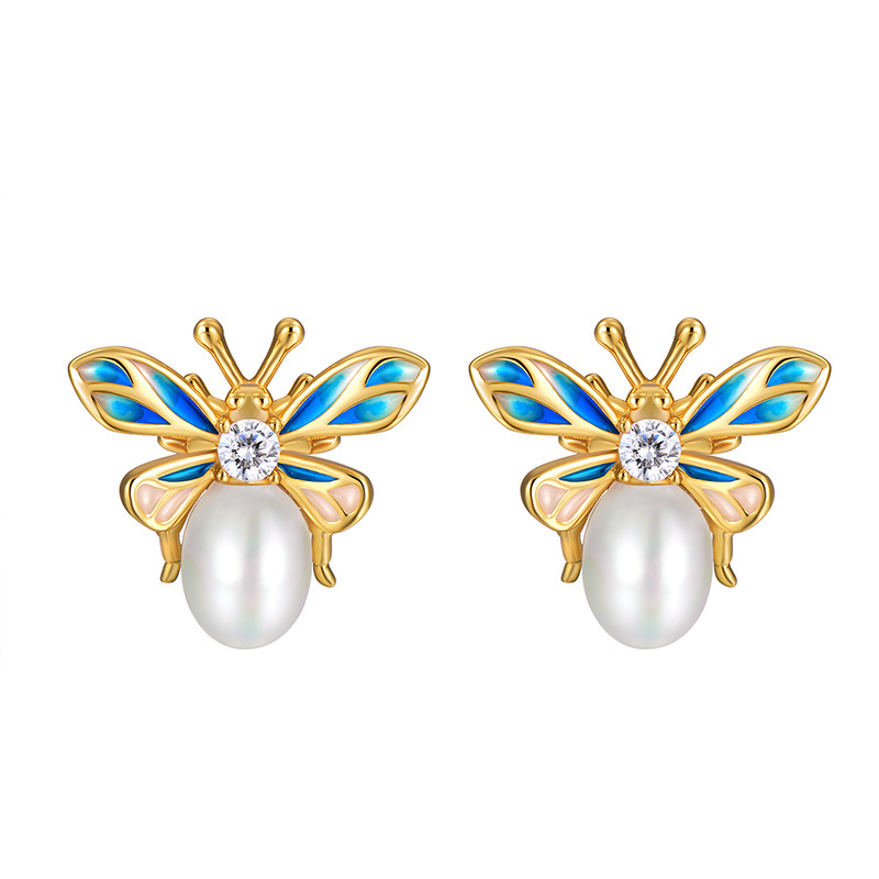 925 silver bee pearl enamel earrings 