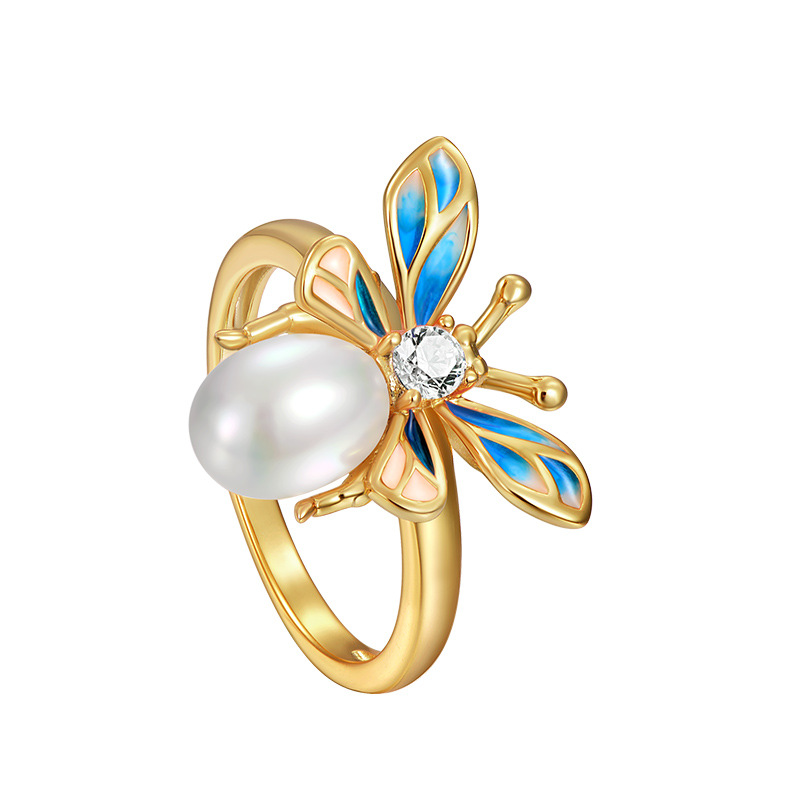 925 silver bee pearl enamel ring