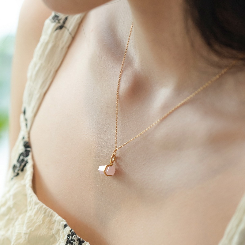 925 silver 10k gold plating geometric pink crystal necklace