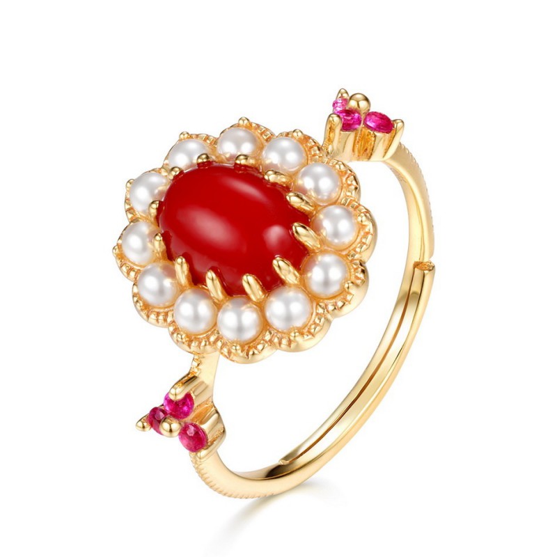 Red Coral ring 925 silver pearl ring