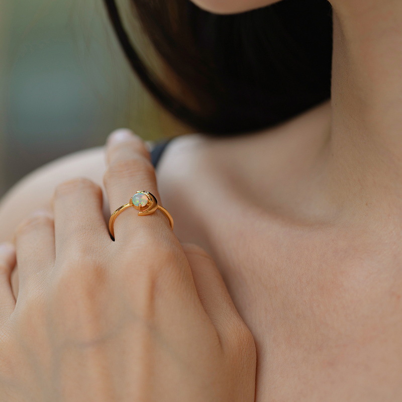 925 silver 10k gold plating star moon Opal stone ring