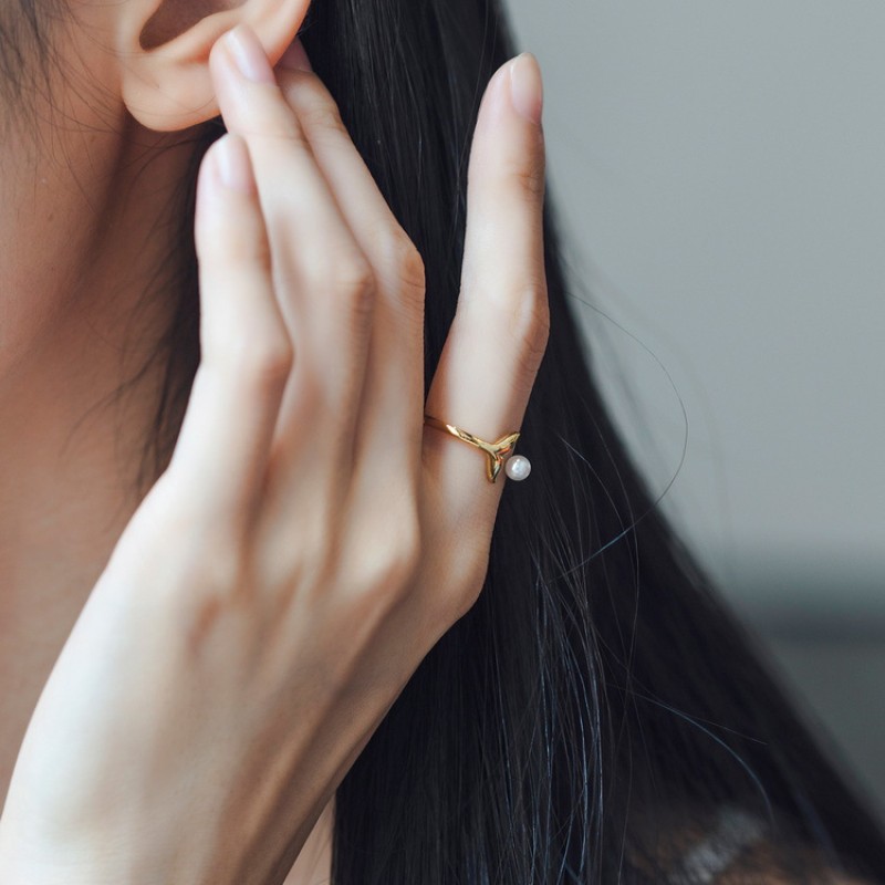 925 silver 10k gold plating fish tail pearl opening ring