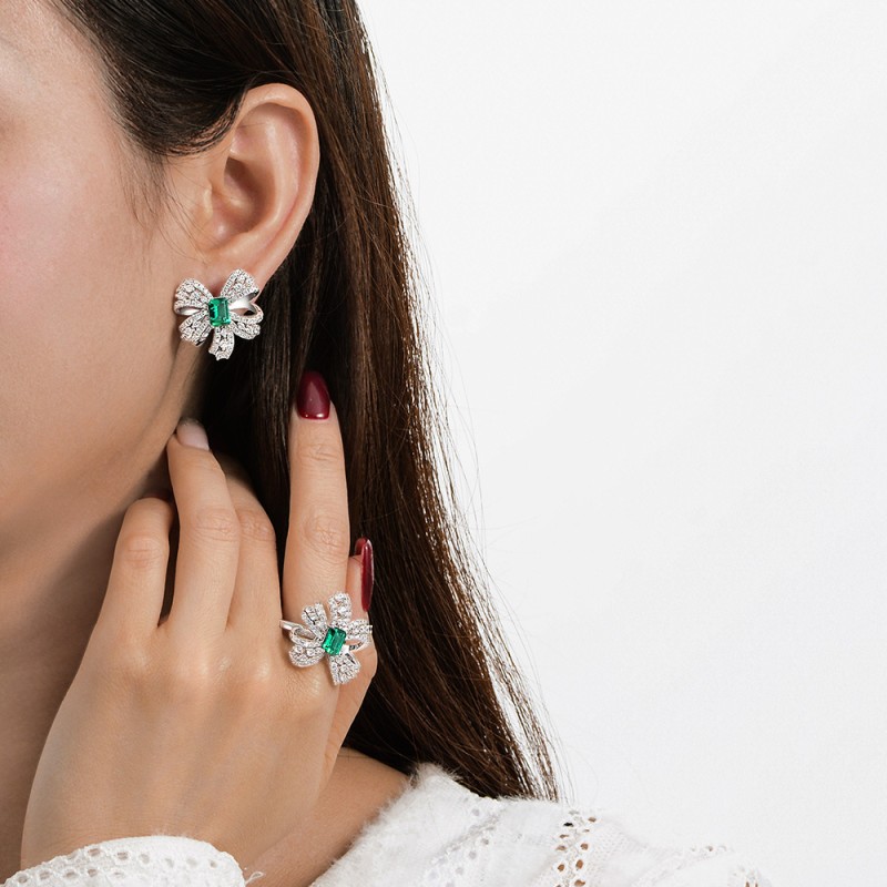 925 silver bow emerald earrings