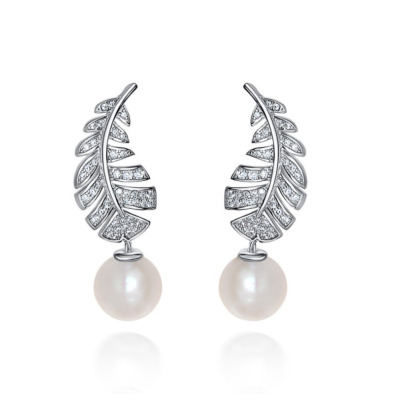 925 silver feather 8mm pearl drop earrings 