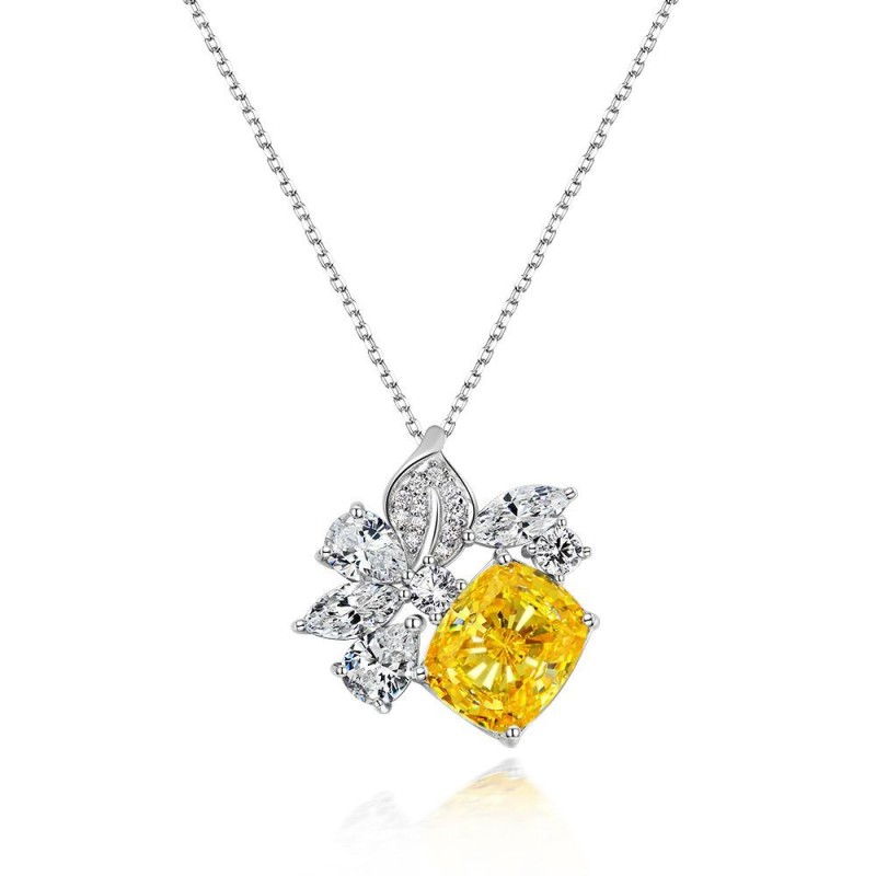 925 silver square yellow diamond necklace