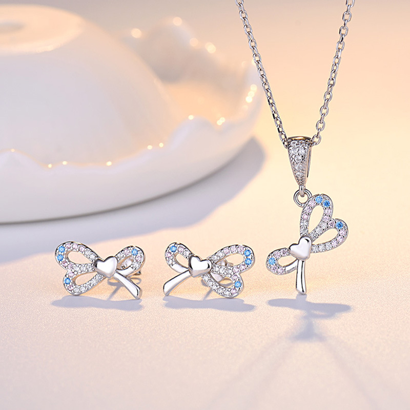 925 silver bow zircon earrings necklace jewelry sets