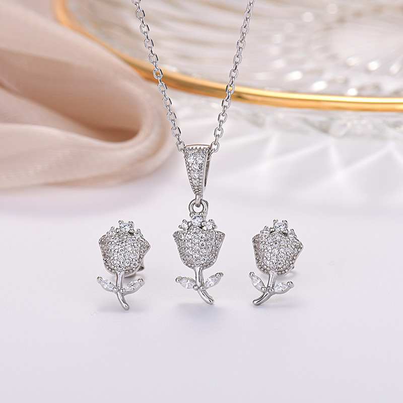 925 silver rose zircon earrings necklace jewelry sets