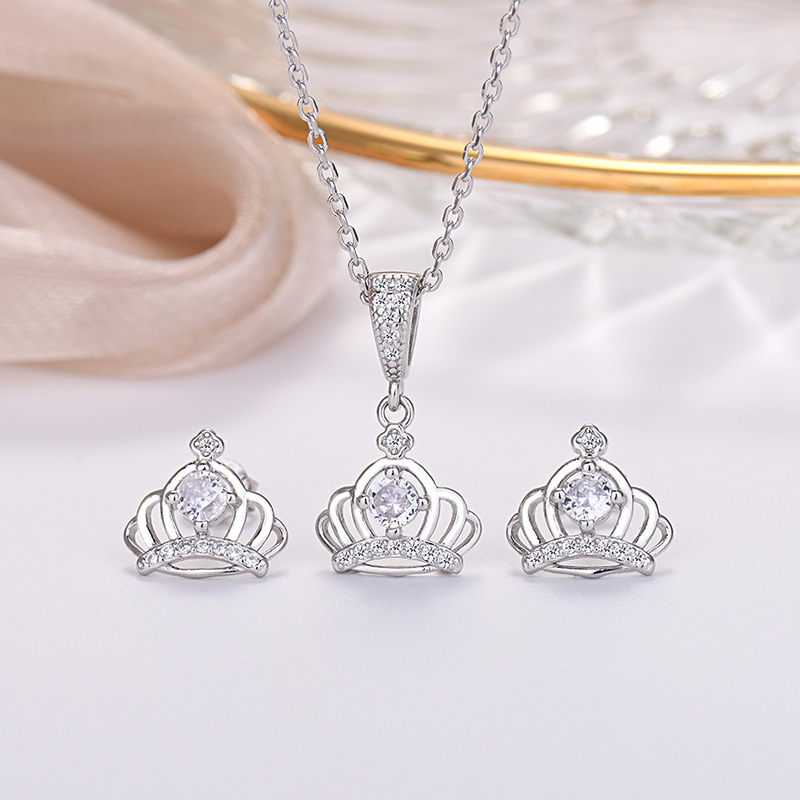 925 silver crown zircon earrings necklace jewelry sets
