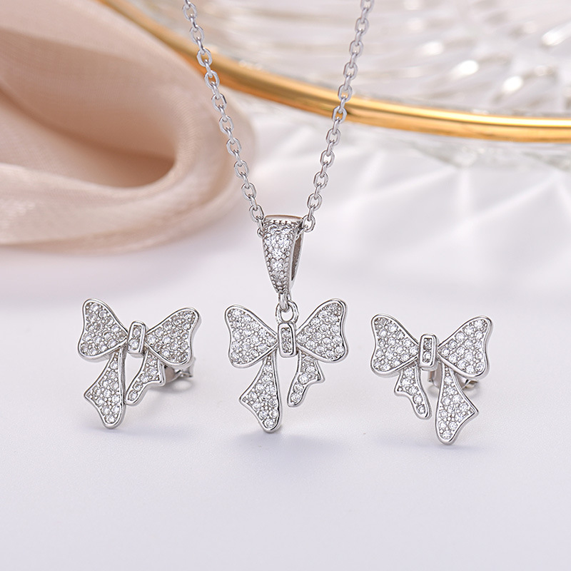 925 silver bow earrings necklace jewelry sets