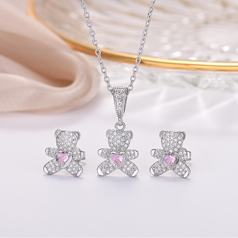925 silver bear heart zircon earrings necklace jewelry sets