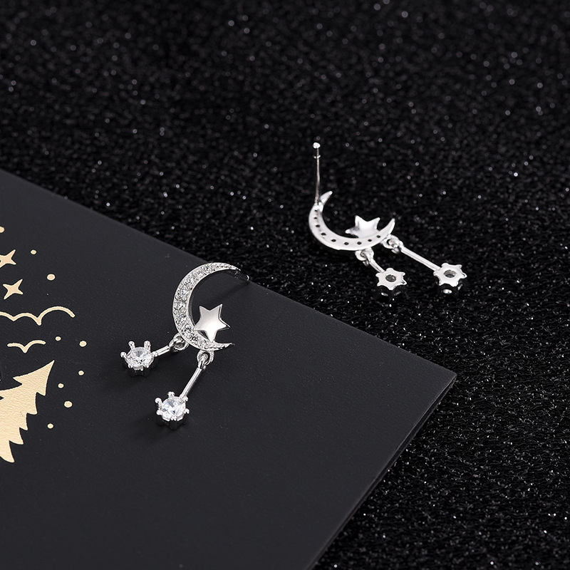 925 silver star moon zircon earrings stud