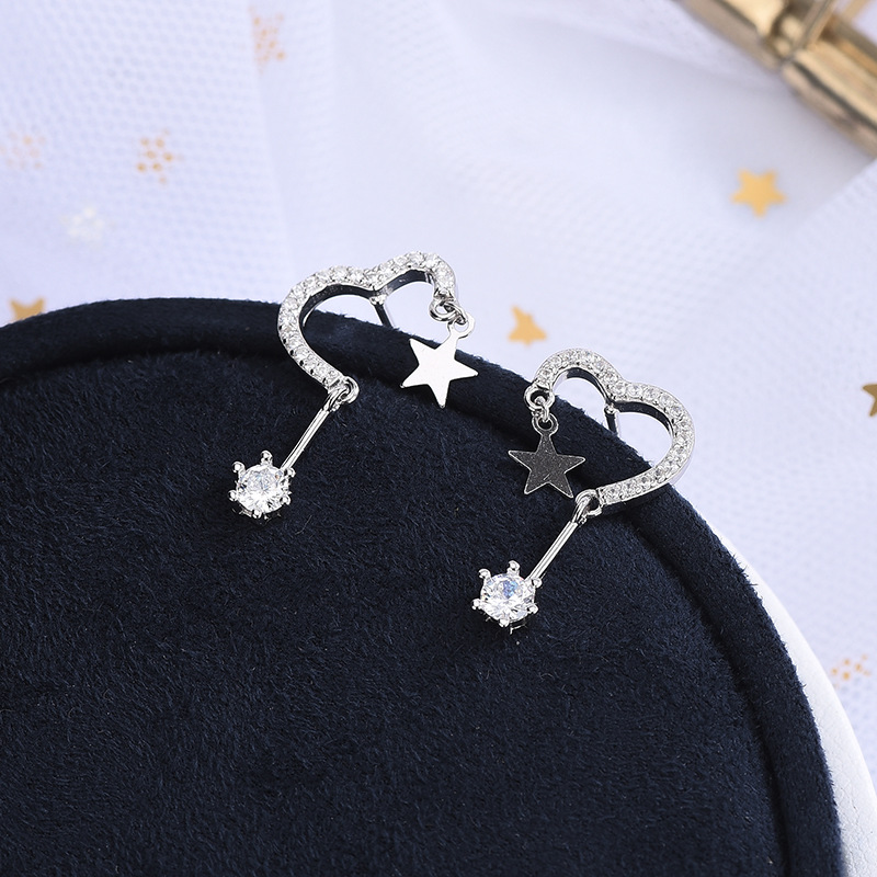 925 silver star heart zircon earrings stud