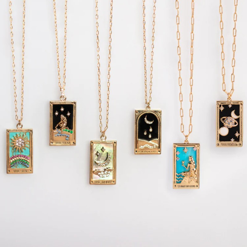 stainless steel square inlaid diamond Tarot necklace