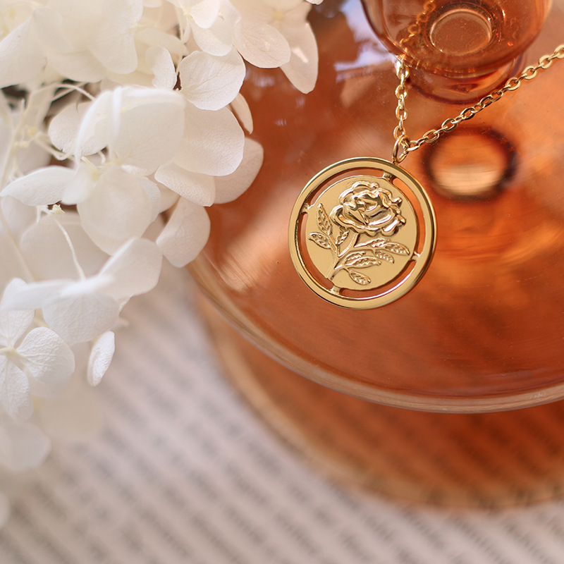 stainless steel 18k gold plating circle rose hollow necklace