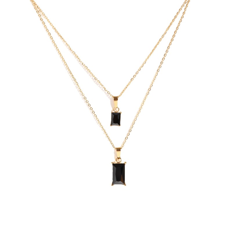 stainless steel double layered square black zircon necklace