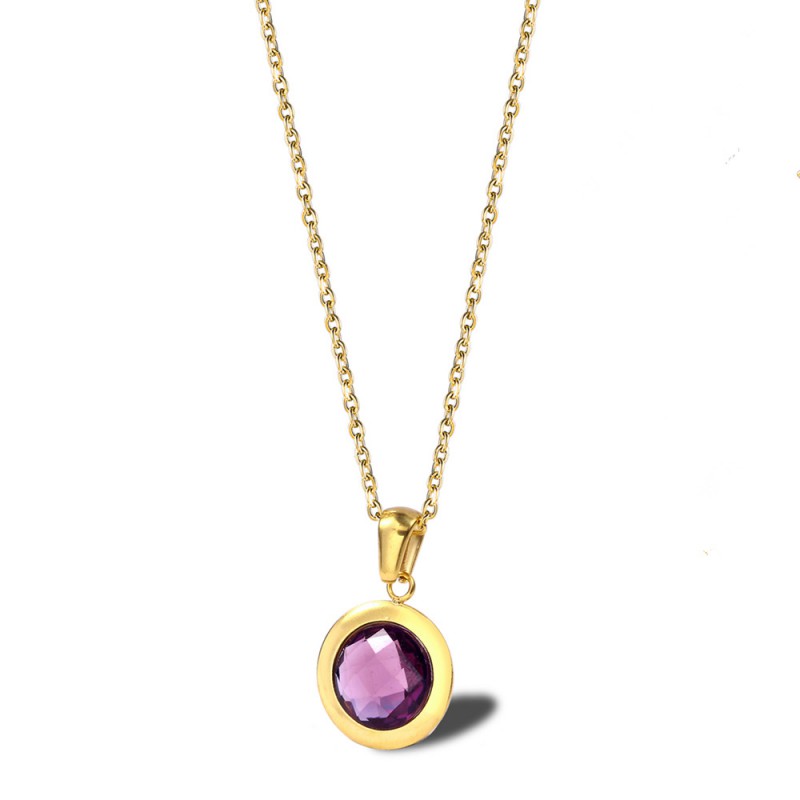 round purple Cubic Zirconia pendant stainless steel necklace