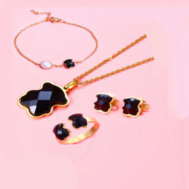 stainless steel jewelry sets bear animal earrings necklace bracelet ring sets