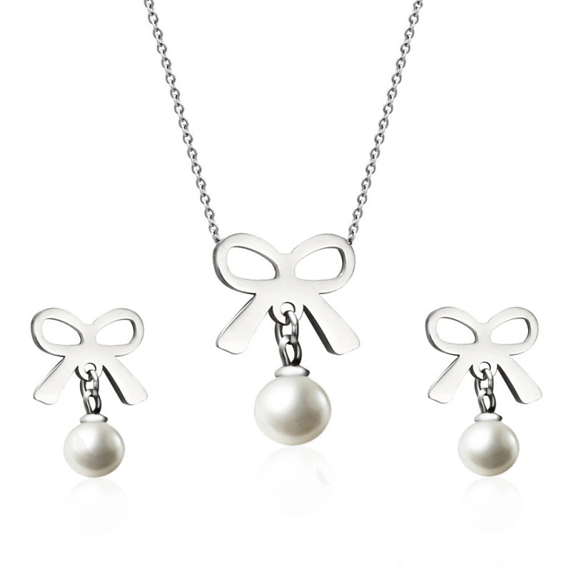 OEM China jewelry factory Pearl Bow earrings necklace stainless steel jewelry set