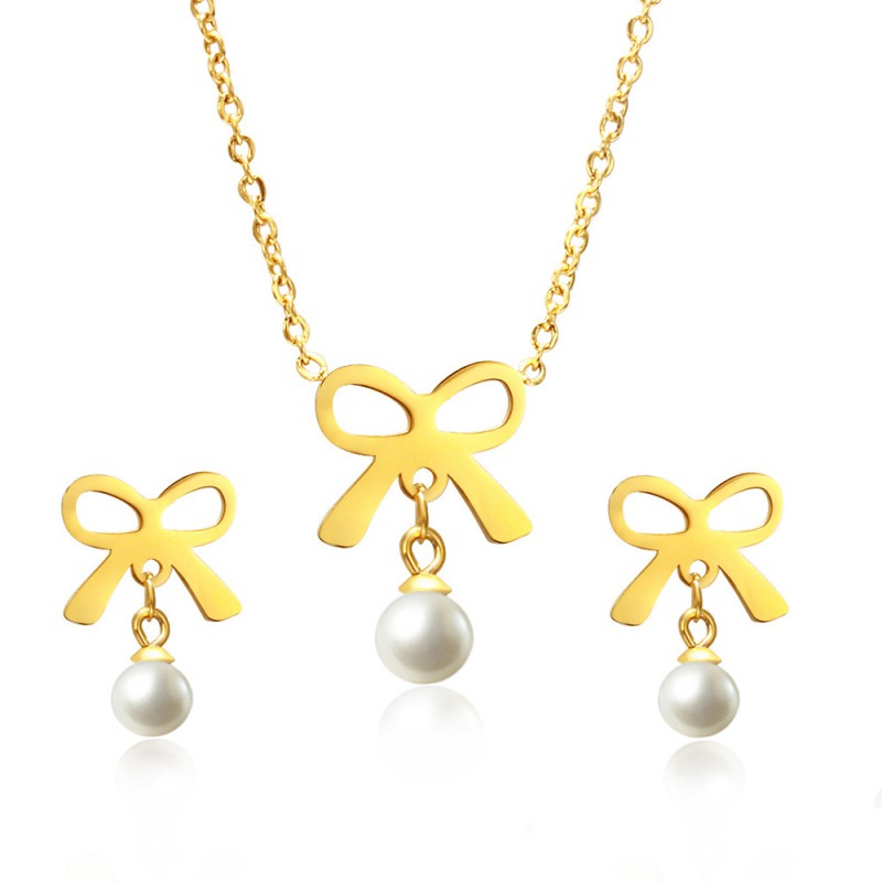 OEM China jewelry factory Pearl Bow earrings necklace stainless steel jewelry set