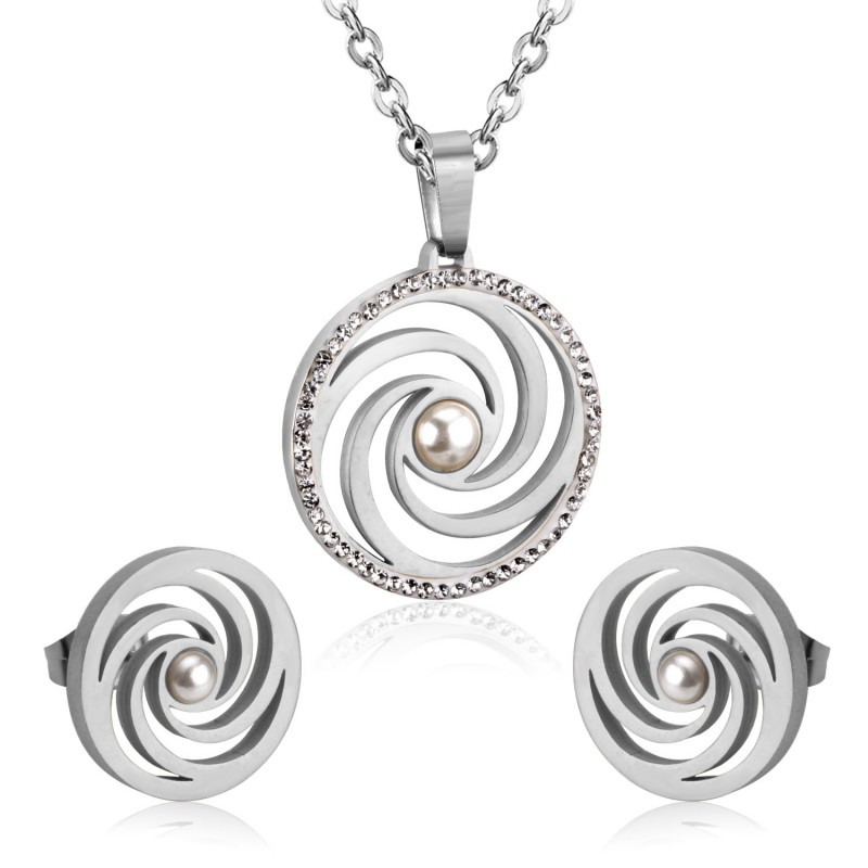 round earrings stud pendant necklace stainless steel jewelry sets