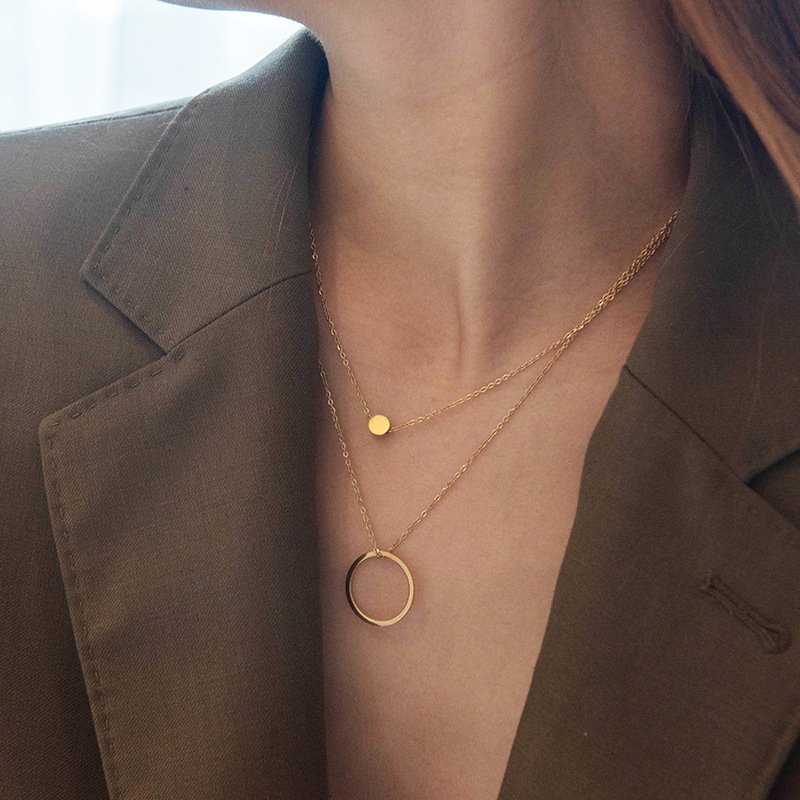stainless steel 14k gold plating circle double layered necklace