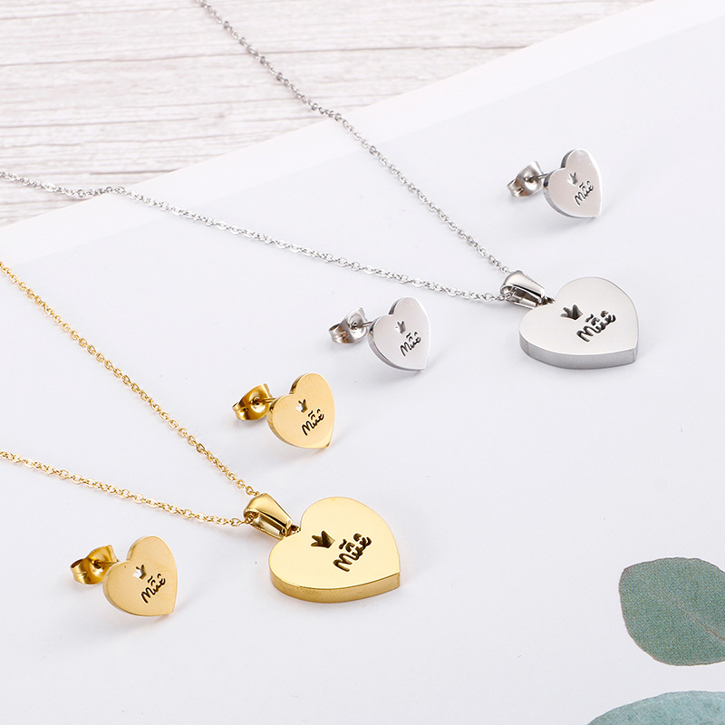 stainless steel heart mother love earrings necklace jewelry sets
