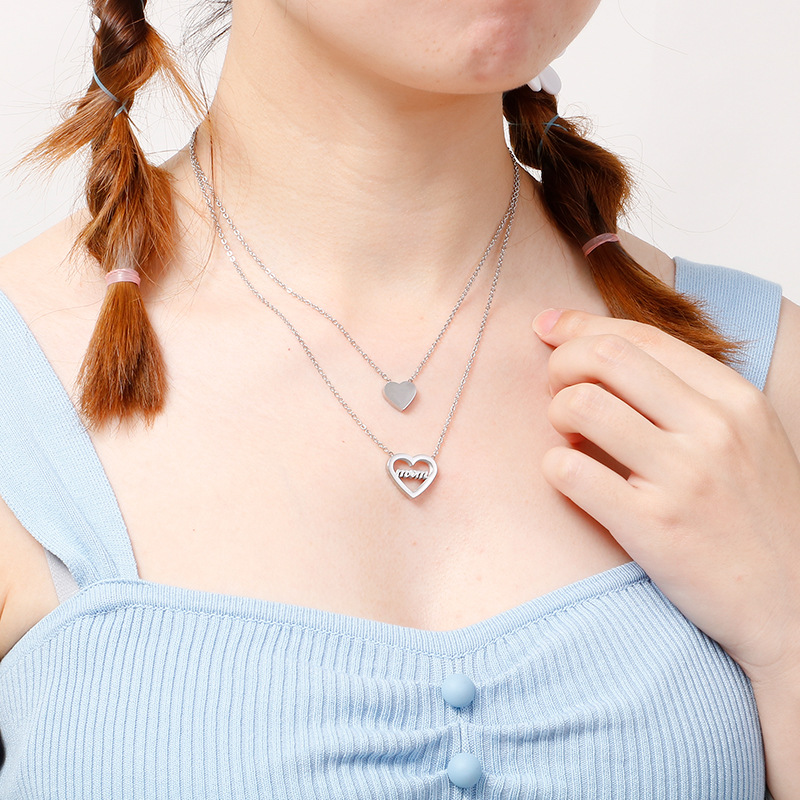 stainless steel 18k gold plating heart mother love double layered necklace