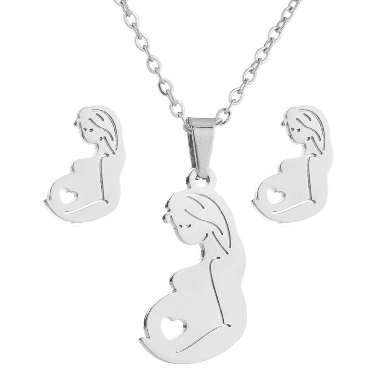 stainless steel mother child heart to heart earrings necklace jewelry sets