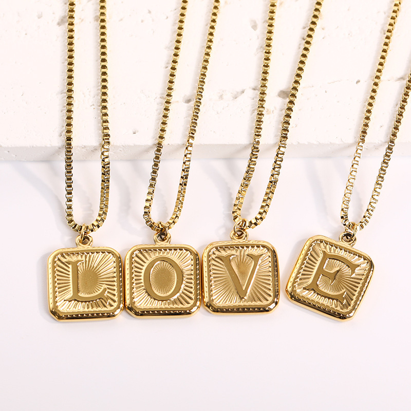 stainless steel gold plating English letter square necklace