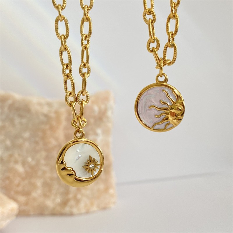 stainless steel 18k gold plating circle sun moon necklace