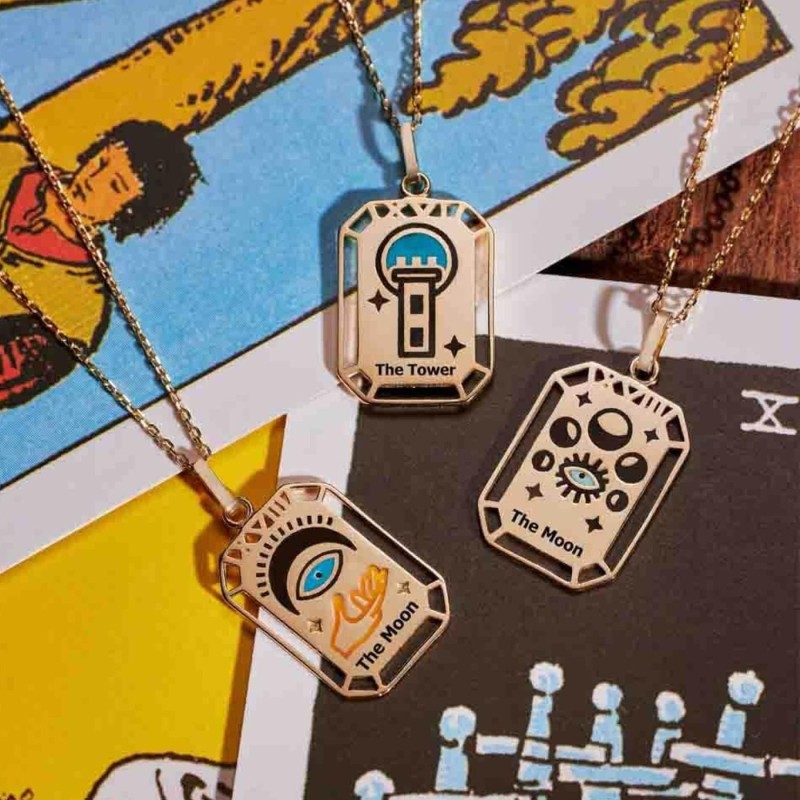 stainless steel 18k gold plating square colourful Tarot hollow necklace